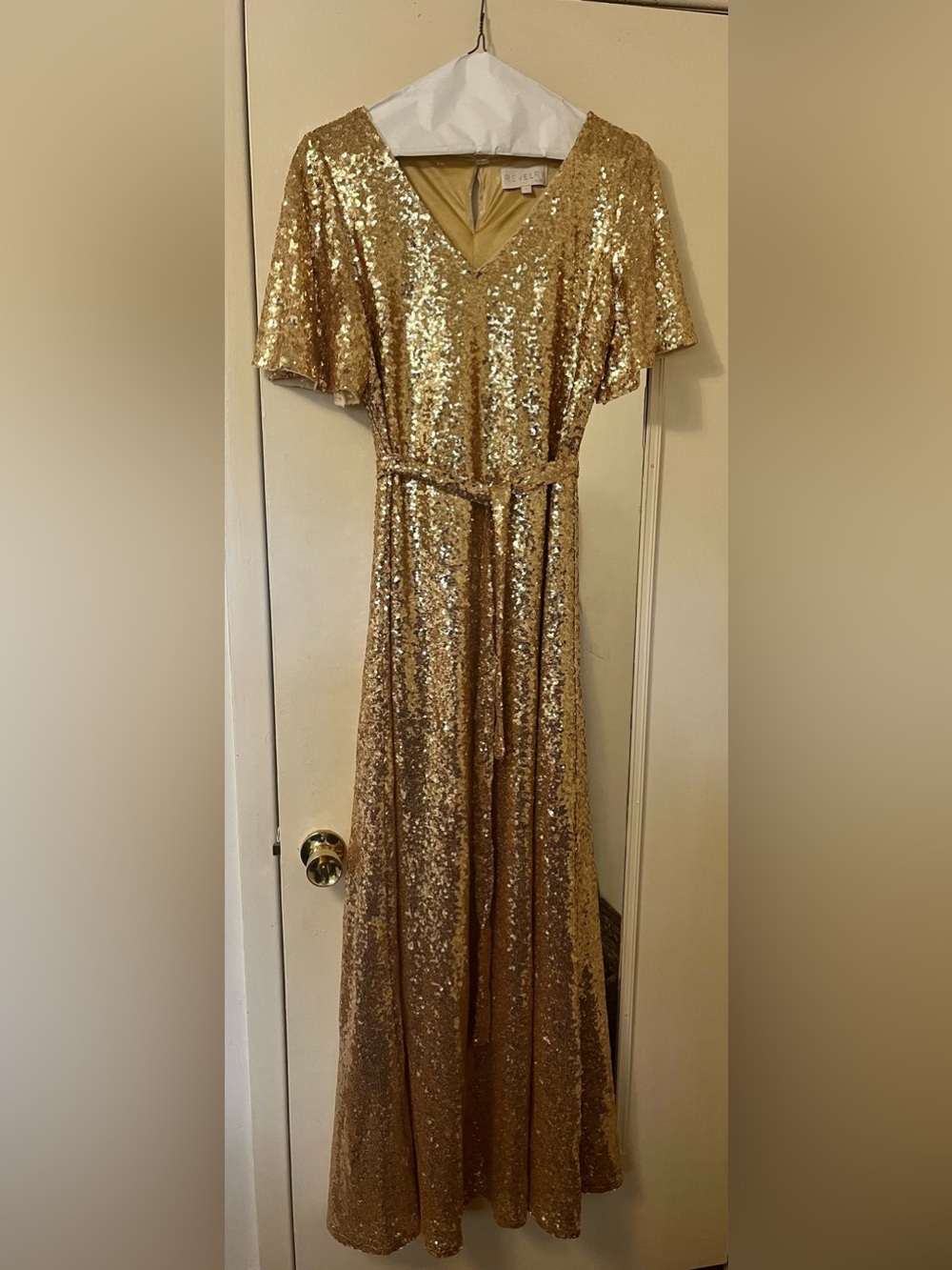Revelry Gold Sequin V-Neck Maxi with Tie Belt